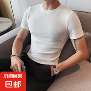 男士短袖t恤夏季薄款修身商務休閑時尚百搭高級感條紋圓領打底衫 白色 XL 120-140斤
