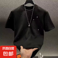 新款痞帥簡歐燙鉆漸變色寬松短袖T恤男春季時(shí)尚百搭休閑品質(zhì)潮衣 黑色 T306-CZ M