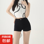 韓版通勤高腰直筒牛仔短褲女春夏新款顯瘦韓版a字直筒牛仔短熱褲 黑色 M