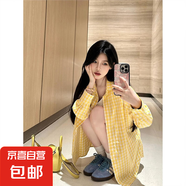 港味復(fù)古薄款防曬衫黃色慵懶風(fēng)長袖格子襯衫顯瘦寬松港味復(fù)古上衣 黃色格子 質(zhì)量保證 S 85-100斤