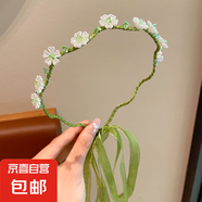兒童幼兒園中式發(fā)箍公主花環(huán)飄帶珍珠發(fā)箍甜美編發(fā)演出可愛頭飾 6#綠色波浪花朵飄帶