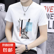 2025夏季男士短袖t恤圓領(lǐng)半袖上衣潮流百搭修身休閑印花打底衫SN 短T拼款中間鐵塔圓短T白色 5XL