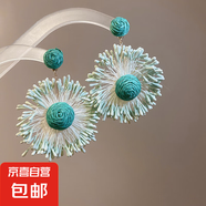 鋼針手工編織花朵耳環(huán)海邊度假風(fēng)氣質(zhì)耳釘耳墜時(shí)尚耳飾小眾高級感 鋼針-綠色