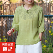 夏季文藝棉麻小衫純色復(fù)古盤扣五分袖套頭衫寬松繡花薄款上衣女 綠色 291 2XL