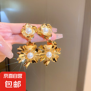 銀針中古圓形花朵流蘇耳環(huán)歐美復古金屬感耳釘氣質(zhì)輕奢耳飾批發(fā)女 30#銀針-金色珍珠花朵