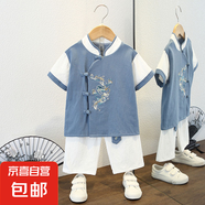 童裝男童夏季漢服兒童中國風(fēng)夏款短褲套裝寶寶女童短袖唐裝兩件套 箭牌套裝藍(lán)色 120