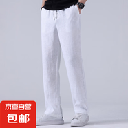 100%亞麻休閑長(zhǎng)褲男士松緊系繩夏季薄款中國(guó)風(fēng)國(guó)潮中青年百搭褲子 漂白 XL