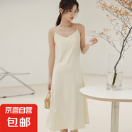 純色吊帶醋酸緞面連衣裙女夏法式氣質(zhì)顯瘦時尚百搭無袖長裙J1059 杏色 L （105-120斤）