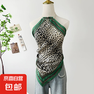 油畫上衣女夏季新款海邊度假辣妹掛脖吊帶小背心短款小上衣絲巾 DD7002-綠豹紋 均碼