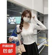 純欲風(fēng)長(zhǎng)袖t恤女2025春季新款設(shè)計(jì)感小眾蕾絲V領(lǐng)口抽繩修身上衣QP 可可女裝R503白色 S