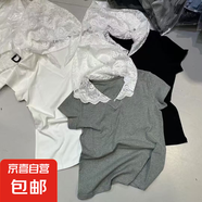 正肩短袖t恤女夏2025新款設(shè)計(jì)感小眾時(shí)尚蕾絲領(lǐng)口修身顯瘦T恤衫QP 楠楠女裝C34灰色 XL