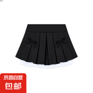 韓系學(xué)院風(fēng)蝴蝶結(jié)百褶裙半身裙女春季灰色小眾蕾絲拼接A字裙短裙 黑色 L