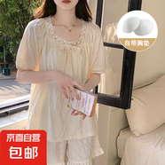 宮廷風(fēng)睡衣女款夏季帶胸墊短袖短褲甜美蝴蝶結云朵棉家居服套裝 793米白色 793# L