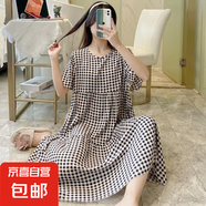 2024年新棉綢睡裙女士夏天長款夏季孕婦人造綿大碼連衣裙睡衣居家 黑白格子 XL (建議120-160斤)