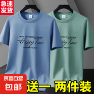 夏季冰絲短袖t恤男士寬松休閑百搭薄款大碼上衣服男半袖體恤衫-SL 短袖HAPPY-霧藍+豆綠 2XL 碼【120-145斤】