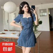 【氣質(zhì)減齡】設(shè)計(jì)感蕾絲牛仔連衣裙女夏季薄款大碼收腹顯瘦短裙 藍(lán)色蕾絲連衣短裙單款 S碼（建議80-95斤）