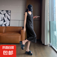 夏季無袖韓版寬松純色長裙背心連衣裙背心針織高級感休閑過膝長裙 黑色 M