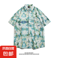美式古著vintage太陽(yáng)花夏威夷可愛(ài)港風(fēng)寬松休閑男女短袖碎花襯衣 3146藍(lán)色 L