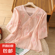 夏裝新中式襯衫衣服上衣短袖外套高級(jí)感刺繡v領(lǐng)設(shè)計(jì)五分袖短袖 粉色-繡花是不規(guī)則繡花 280 M