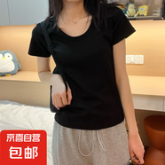 【都市麗人制造商】純棉美式白色t恤女正肩短袖 歐貨顯瘦小高領(lǐng) 黑色1 【螺紋圓領(lǐng)】 XL  【114-125斤】