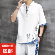 夏季冰絲短袖t恤2025夏裝新款休閑中國(guó)風(fēng)套裝唐裝寬松一套漢服男 10602-1-TZ200白色 3XL