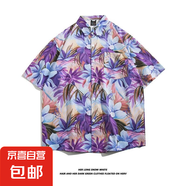東南亞夏威夷短袖花襯衫五分袖男女同款情侶沙灘度假夏季碎花襯衣 5113紫色 XL
