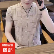 2025夏季新款短袖T恤五分袖t恤男裝衣服港風(fēng)潮牌冰絲半袖男體恤 卡其色 4XL