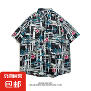 東南亞夏威夷短袖花襯衫五分袖男女同款情侶沙灘度假夏季碎花襯衣 5121黑色 2XL