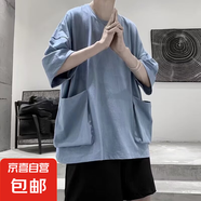 港風(fēng)寬松大口袋t恤夏季男士圓領(lǐng)短袖T恤韓版學(xué)生潮流百搭五分半袖 藍色 XL