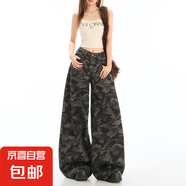 美式高街工裝迷彩闊腿牛仔褲女2025年新款復(fù)古高腰寬松顯瘦直筒褲 迷彩灰長褲 S 碼 建議87-97斤