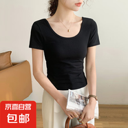 【都市麗人制造商】小高領(lǐng)純色短袖T恤女修身顯瘦內搭打底上衣 黑色【U領(lǐng)】高品質(zhì) M 【91-102斤】