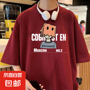 220克純棉復(fù)古潮牌男女情侶款夏季美式印花寬松短袖上衣服t恤 1016酒紅色【N02】 L