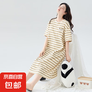 睡裙女夏季純棉短袖薄款長款裙子寬松大碼孕婦睡衣夏天條紋家居服 Z656 4XL
