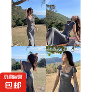 灰色圓領(lǐng)短袖針織綁帶連衣裙慵懶修身收腰簡(jiǎn)約長(zhǎng)款裙子 灰色 均碼