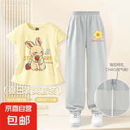 【2件套】女童夏季套裝2025新款童裝女大童洋氣夏日穿搭兒童夏裝 毛毛兔鵝黃+綻放K霧山灰 130