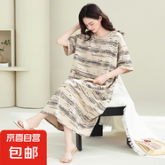 睡裙女夏季純棉短袖薄款長款裙子寬松大碼孕婦睡衣夏天條紋家居服 Z659 4XL
