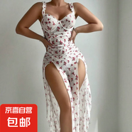 歐美新款情趣內(nèi)衣性感女式印花露背開叉上款睡裙套裝  衣服+內(nèi)褲 白色 XL