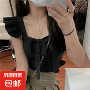 法式小心機小飛袖短款露臍吊帶衫女蝴蝶結系帶修身顯瘦抹胸背心夏 黑色 L 建議100-125斤