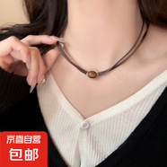 復古皮革虎眼石項鏈女中式疊戴choker小眾頸鏈百搭氣質(zhì)鎖骨鏈配飾 咖色雙層虎眼吊墜項鏈【1條裝】