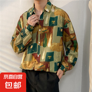 港風(fēng)vintage花襯衫男女復(fù)古夏威夷痞帥寬松情侶長袖襯衣潮牌外套 米白色 2328綠色 XL