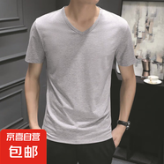 男士短袖T恤夏季純色圓領(lǐng)半袖青年打底衫修身薄款體恤 JS純色短袖 V領(lǐng)淺灰 XL