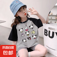童裝純棉短袖T恤夏季新款中大童插肩拼接hellokitty卡通洋氣上衣 黑灰-九九帕恰狗 150