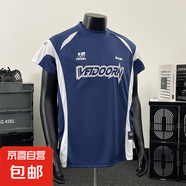 夏季潮牌字母拼色短袖t恤男寬松百搭機(jī)車服運動休閑透氣體恤衫XH 藍(lán)色 L