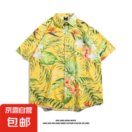 東南亞夏威夷短袖花襯衫五分袖男女同款情侶沙灘度假夏季碎花襯衣 5117黃色 2XL