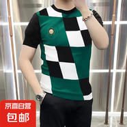 短袖t恤男夏季冰絲印花圓領(lǐng)格子半袖潮流體恤百搭潮流ins修身上衣 （潮社坊067）綠色 L