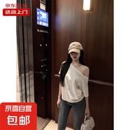 美式斜肩寬松短袖T恤女夏季新款設計感辣妹顯瘦露肩上衣RL#A026# A026#白色 S 【94斤以下】