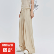 女夏季薄款腰垂感休閑舒適百搭直筒慵懶2025新款高級感闊腿褲長褲 奶杏色-高個子款 XL