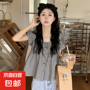 黑白格子鎖骨方領(lǐng)襯衫女夏設計感小眾甜美荷葉邊娃娃衫小飛袖上衣 黑色 均碼 建議85-135斤