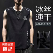 夏背心男速干無袖T恤冰絲涼感運動上衣寬松跑步短袖訓(xùn)練健身服-SL 三三角黑【蝴網(wǎng)二桿背心】 XL  【建議115-130斤】