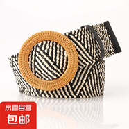 女式仿草編寬簡(jiǎn)約百搭圓扣腰帶森女系棉麻彈力編織松緊衣裙裝飾帶 圓扣卡其黑